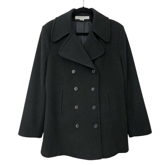 Larry Levine Pea Coat Womens 8 Black 100% Wool Double Breasted Dark Academia - Picture 1 of 12